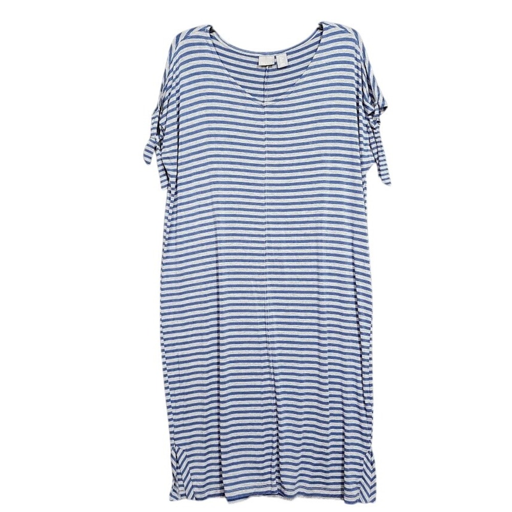 Kenar Striped Knit Midi Dress Tie Sleeve Casual Summer V Neck Blue‎ Gray Large